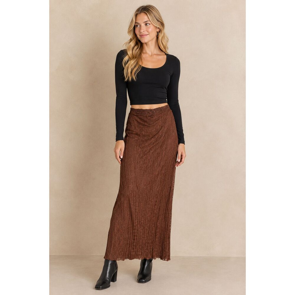 Urban Outfitters Skirt Womens Sz M Lace Maxi Skirt Brown Lined Midi Vintage Y2K